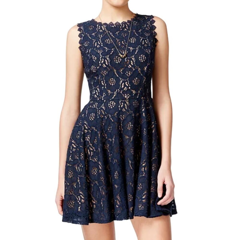 Darling London Women's 8 Blue Floral Sleeveless Round Neck Lace Fit Flare Dress